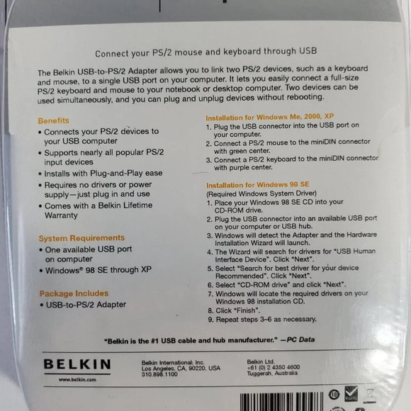 Belkin USB-to-PS/2 Adapter F5U119VE1 - Connect PS/2 Mouse & Keyboard USB New - Picture 5 of 5
